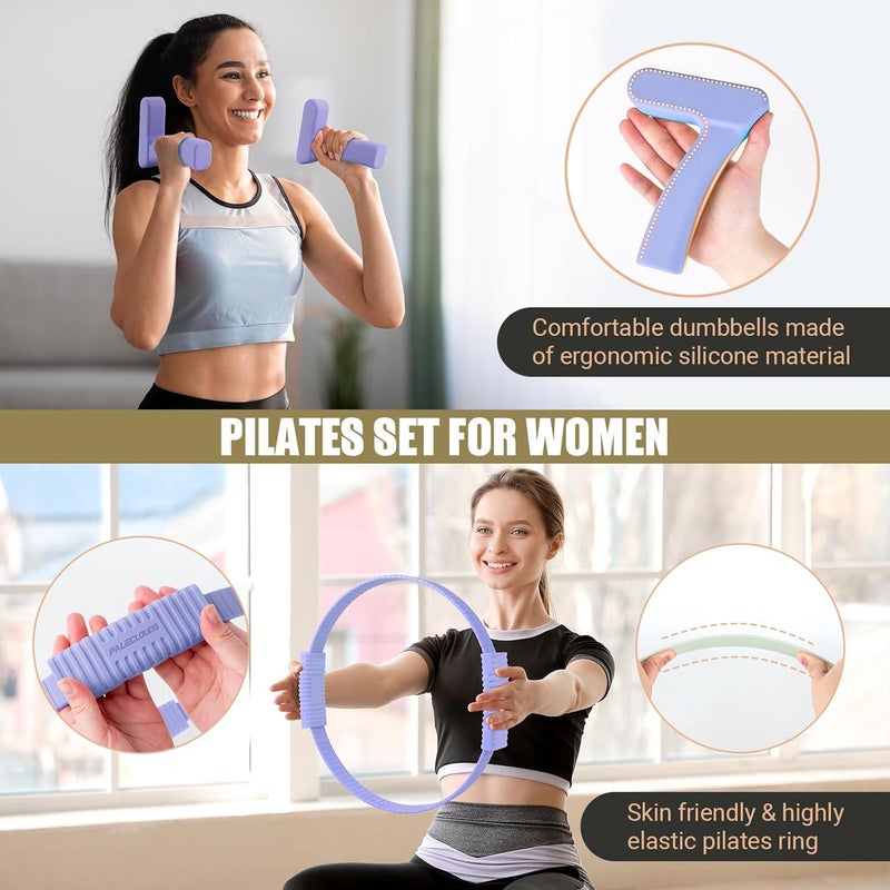 Paleclouds Pilates Ring Set, Pilates Essential Kit with Pilates Ring and Ball, 2.2lb *2 Ergonomic 7-Shaped Dumbbells, Portable Bag & Training Poster, at Home Workouts Pilates Sets for Women - Image 2